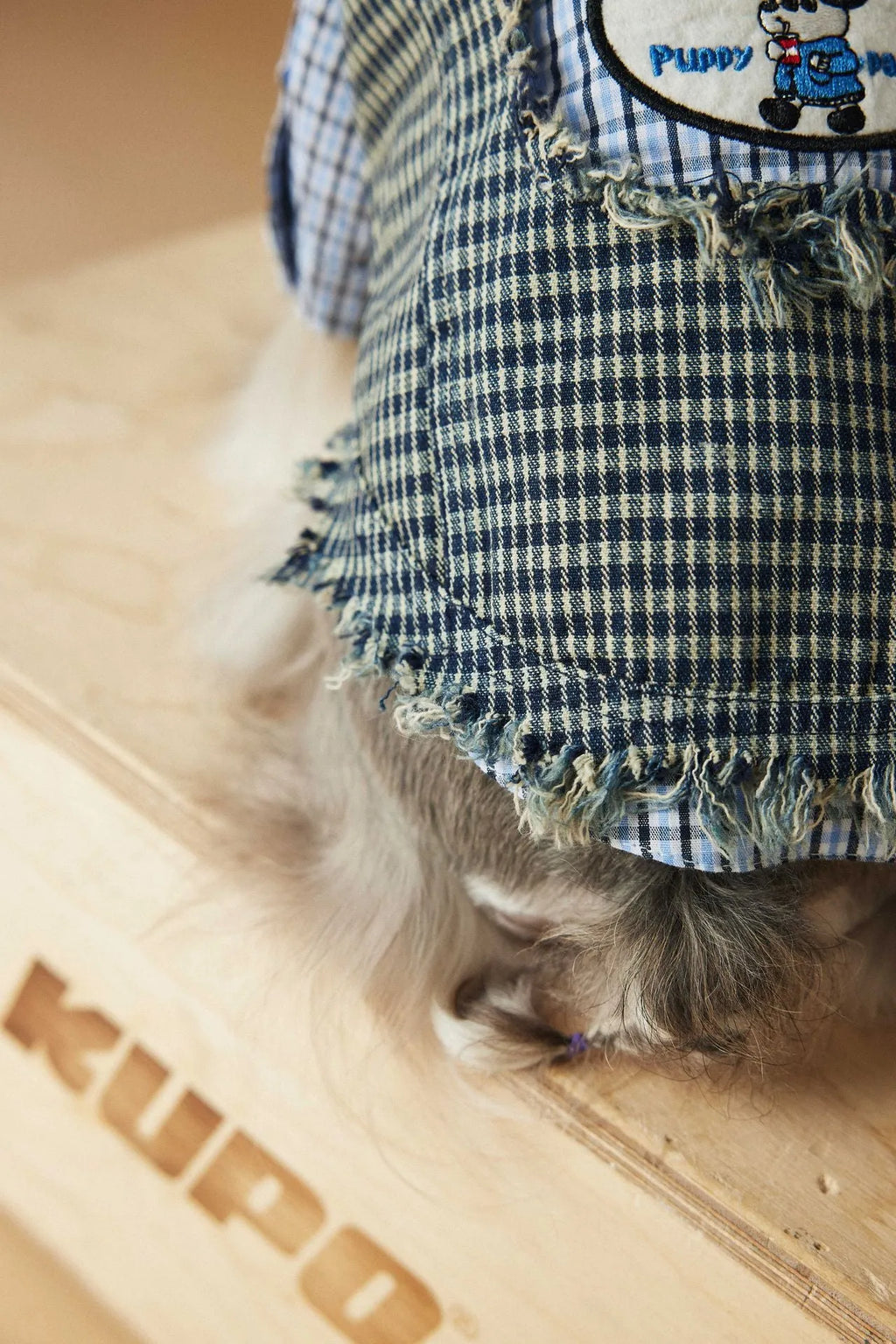 Blue washed old plaid sleeveless denim dog vest in cotton, sizes XS to XXL, spring autumn pet clothing