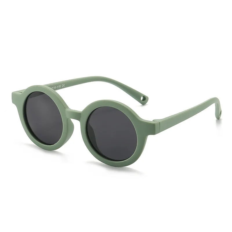 Children's silicone sunglasses for 0-3 year olds with round frame and polarized lenses in multiple colour options