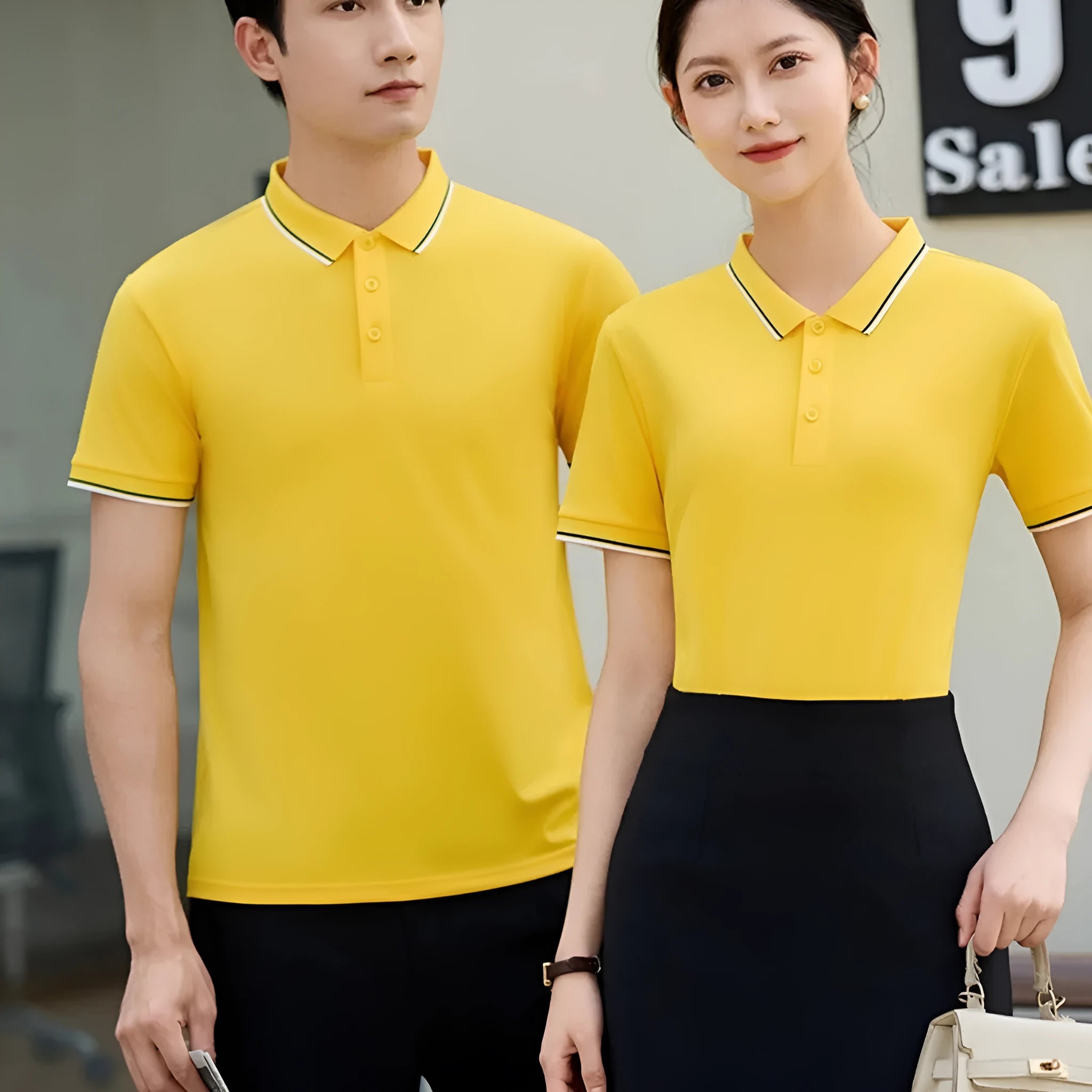 Short sleeve polo shirt in thin fabric showing straight cut fit and available colour options