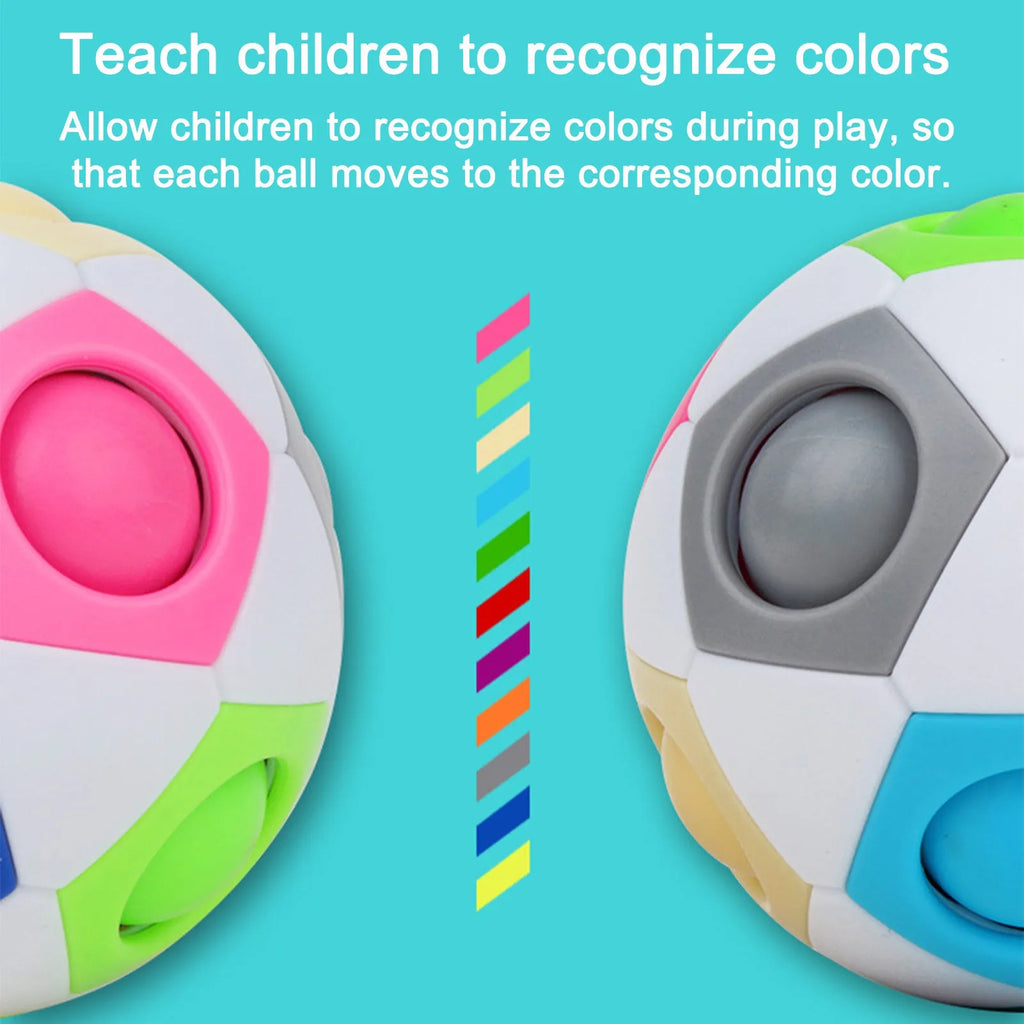 Rainbow coloured ball puzzle toy with multiple holes showing movable coloured balls inside plastic sphere
