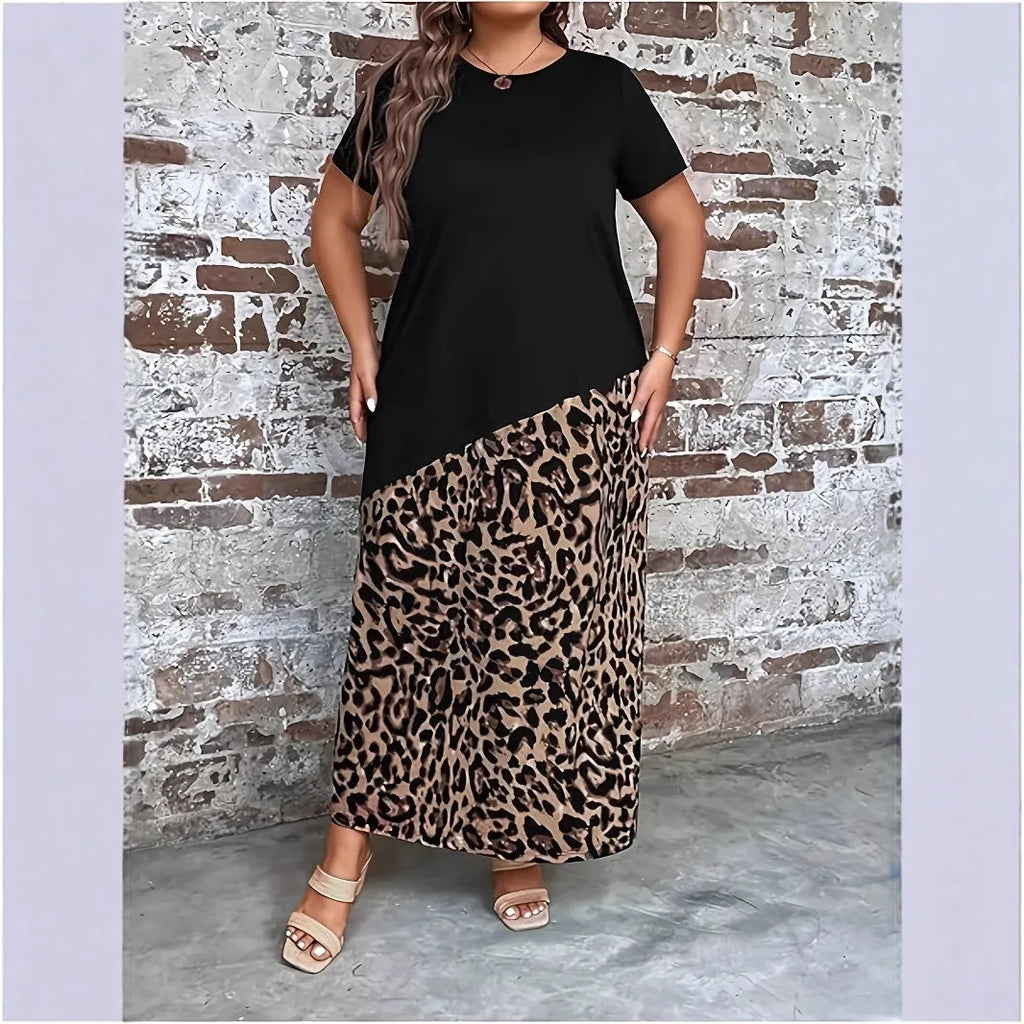 Women's black leopard print loose maxi dress with quarter sleeves and contrast stitching, plus sizes 1XL-5XL.