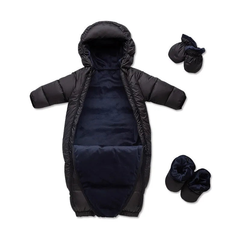 Baby down jacket thickened jumpsuit in solid colour with attached hood, suitable for 66-100cm height