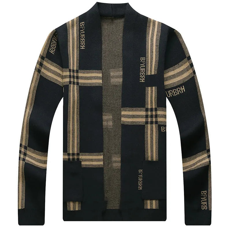 Men's camel and black slim fit long-sleeve knitted cardigan sweater coat with zipper on model