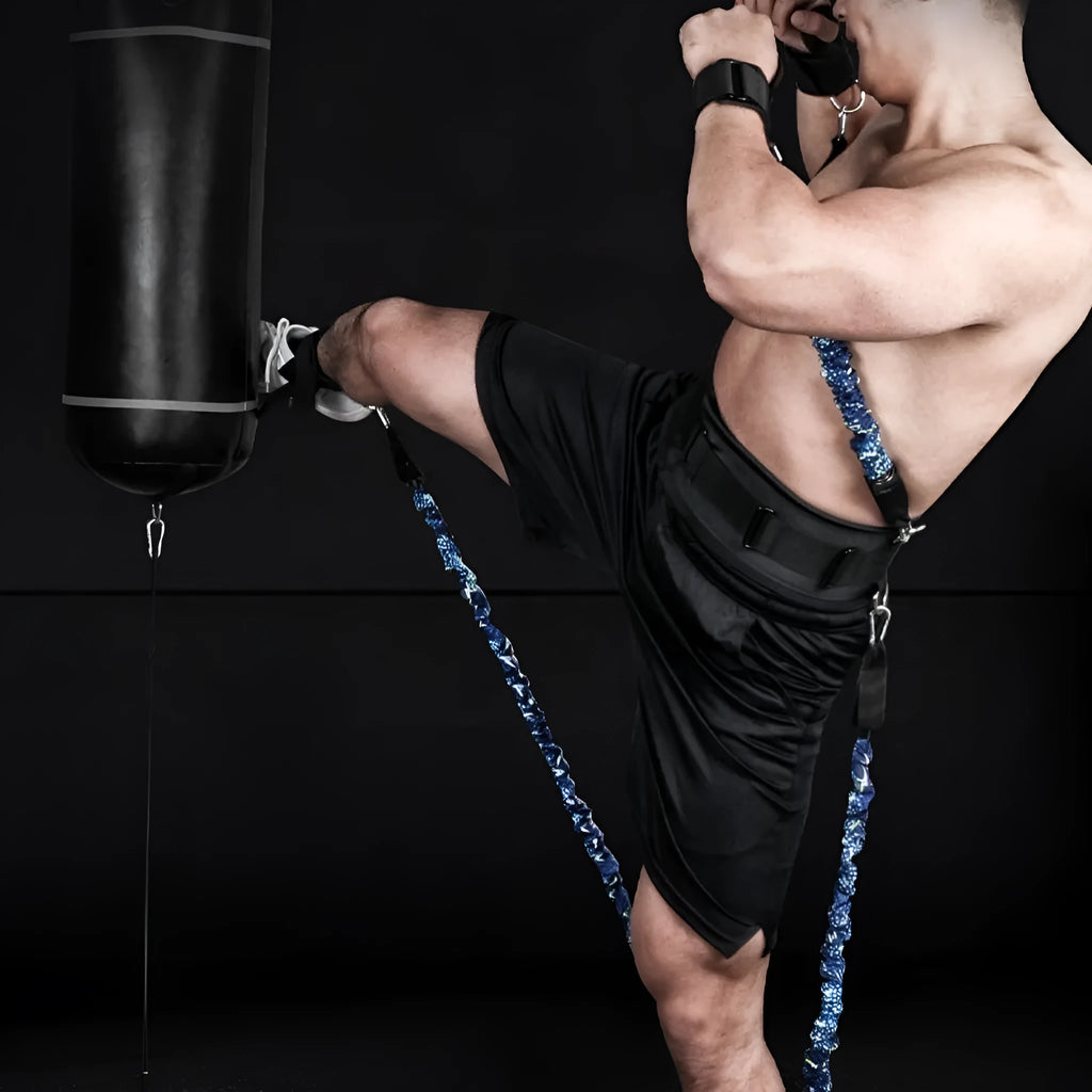 Chest expander elastic belt with TPE tube and red, blue, black, green colour sleeves indicating resistance level.