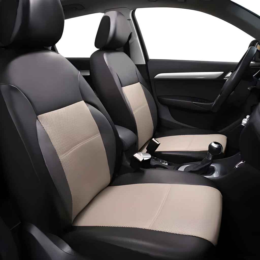 Artificial leather car seat covers in various colours shown on vehicle seats
