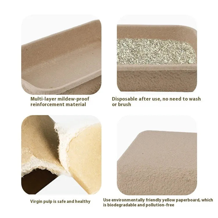 Brown disposable biodegradable cat litter box shown in three size variants.