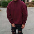 Men's wine red round neck polyester pullover with high collar and long sleeves