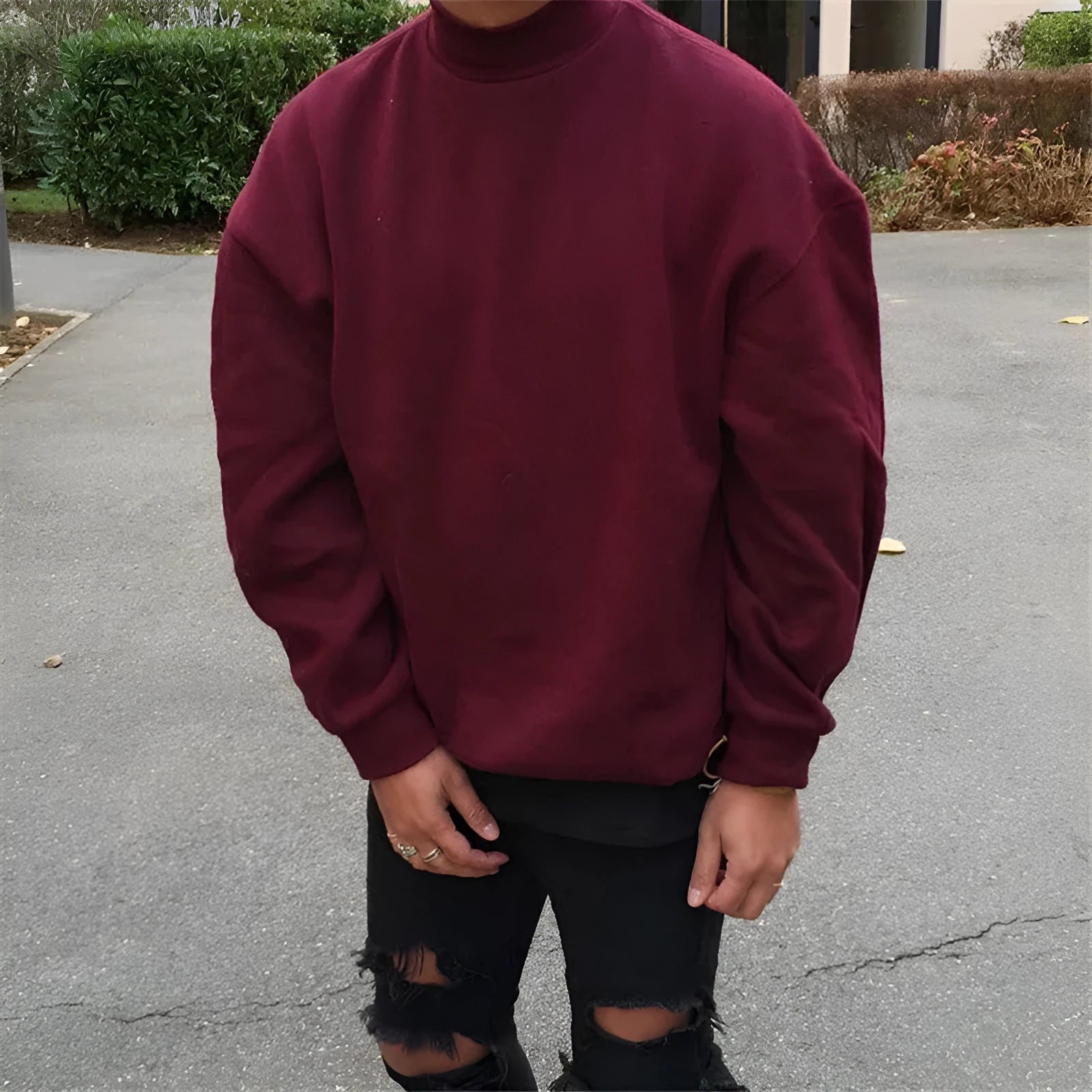 Men's wine red round neck polyester pullover with high collar and long sleeves