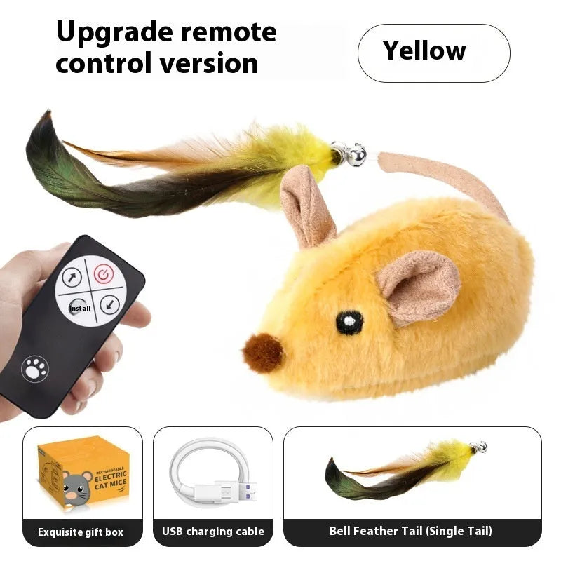 Electric charging simulation mouse cat toy with feather tail decoration
