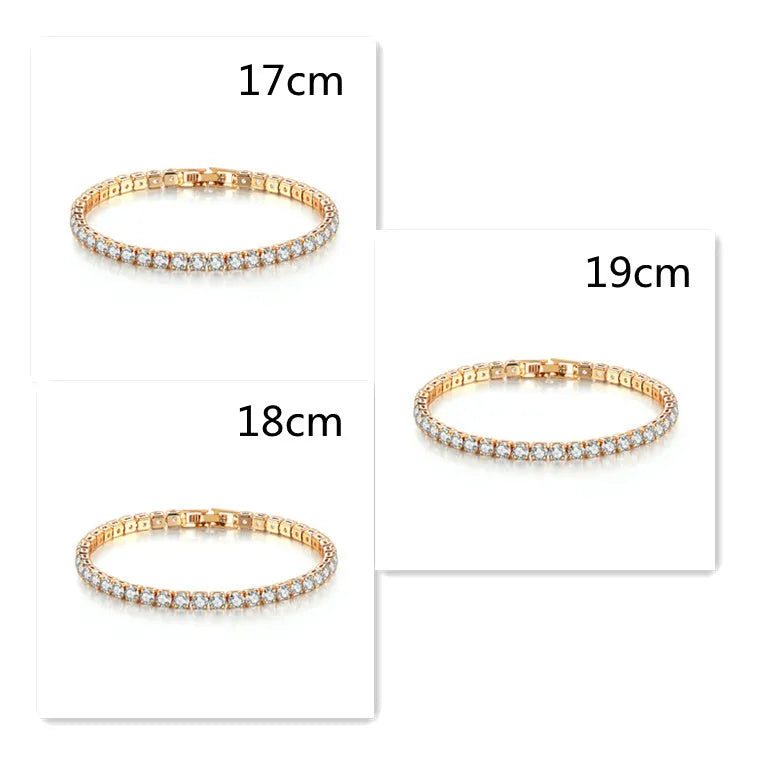 Single row 4mm round zircon bracelet on stainless steel box chain in gold finish