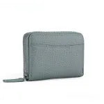 Genuine leather zipper coin purse in solid colour with anti-theft feature and sewing line detail.