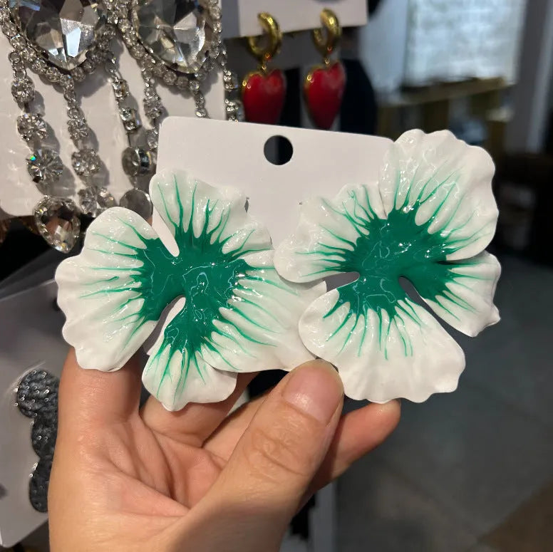 Alloy flower stud earrings with oil-spot glaze finish in blue, green, purple, and rose colour variations