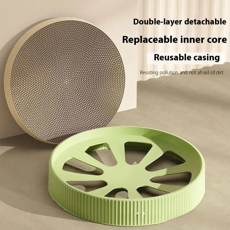 Green and white round 55 cm cat scratching board nest with corrugated paper surface.