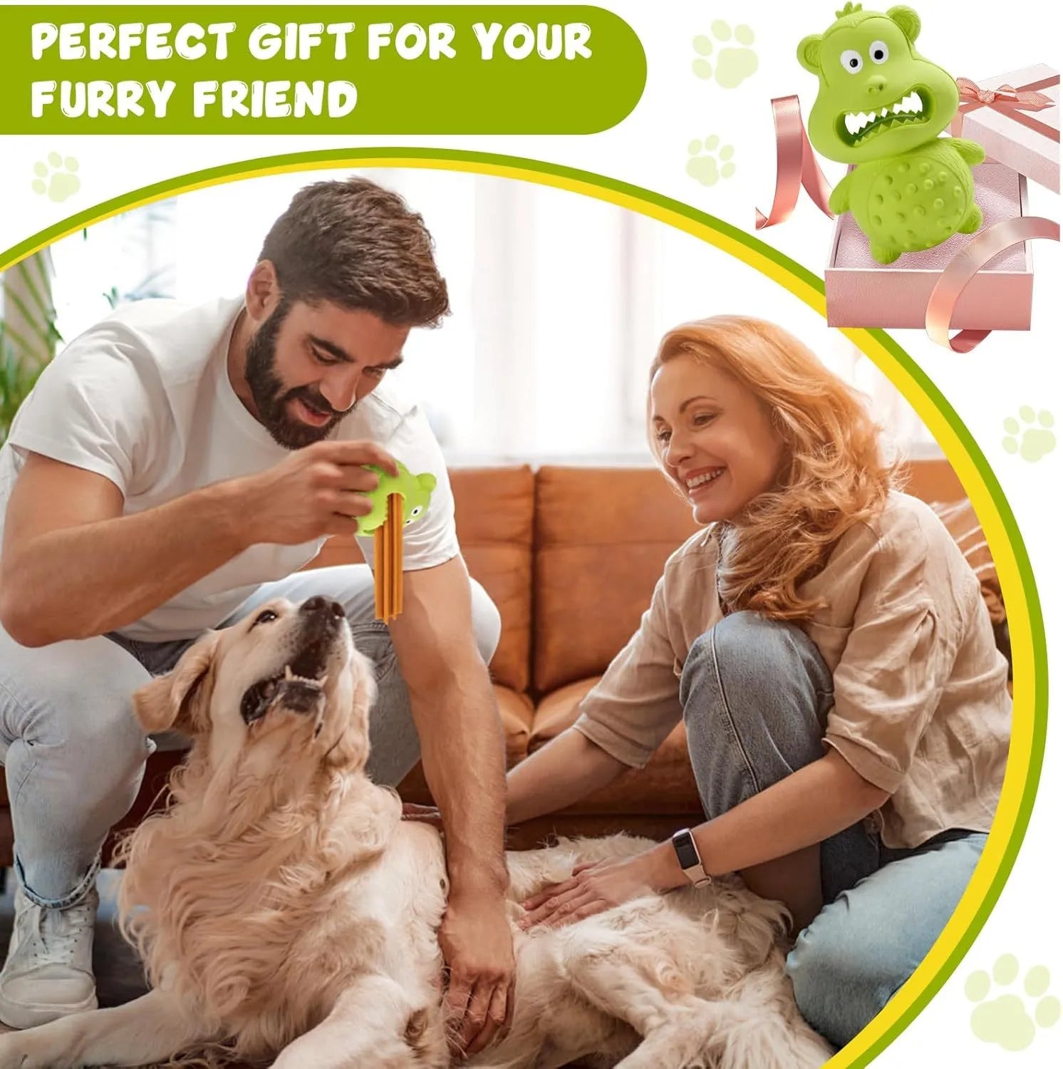 Green and yellow natural rubber squeaky dog toy for aggressive chewing large breed dogs.