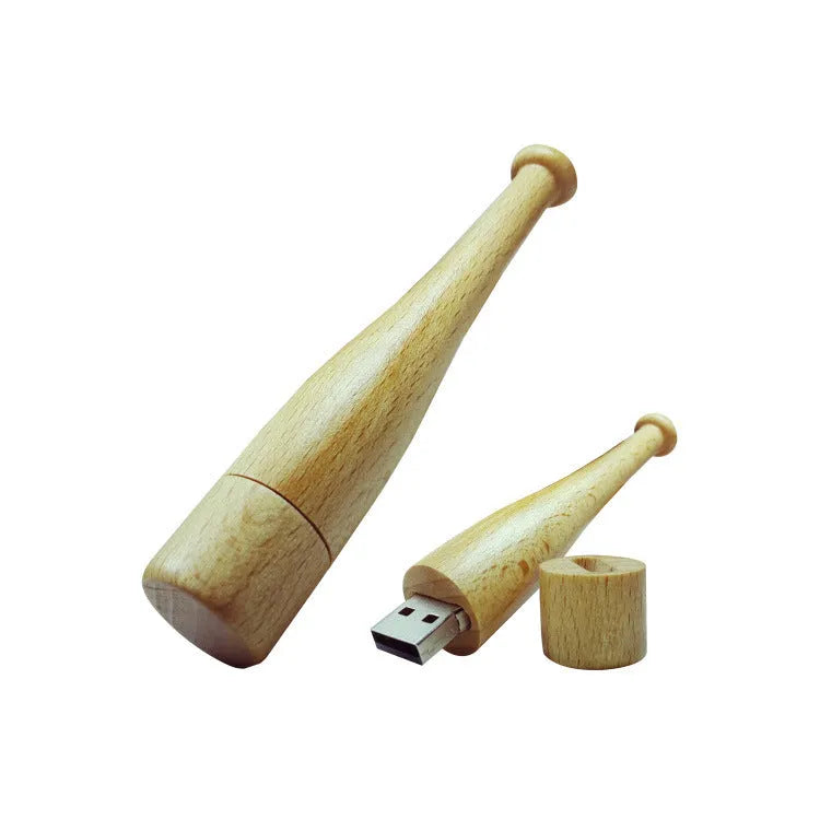 Baseball bat shaped USB flash drive with a natural wood shell on a plain background