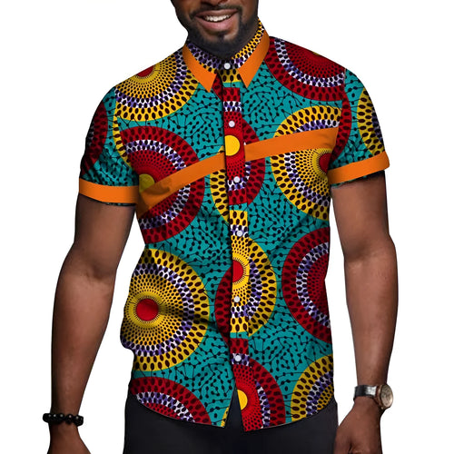 African men cotton colourblock short sleeve top with lapel collar in available colours
