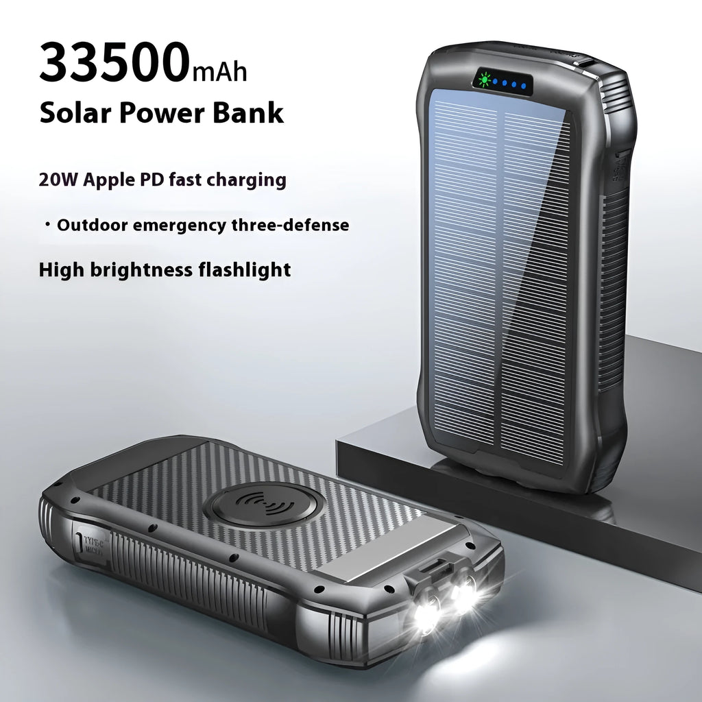 Portable solar power bank 33500mAh in all black with LED light, 178x90x30mm plastic shell