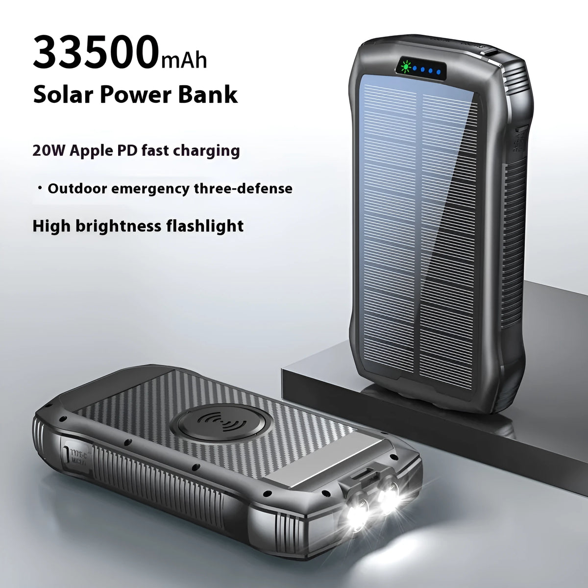 Portable solar power bank 33500mAh in all black with LED light, 178x90x30mm plastic shell