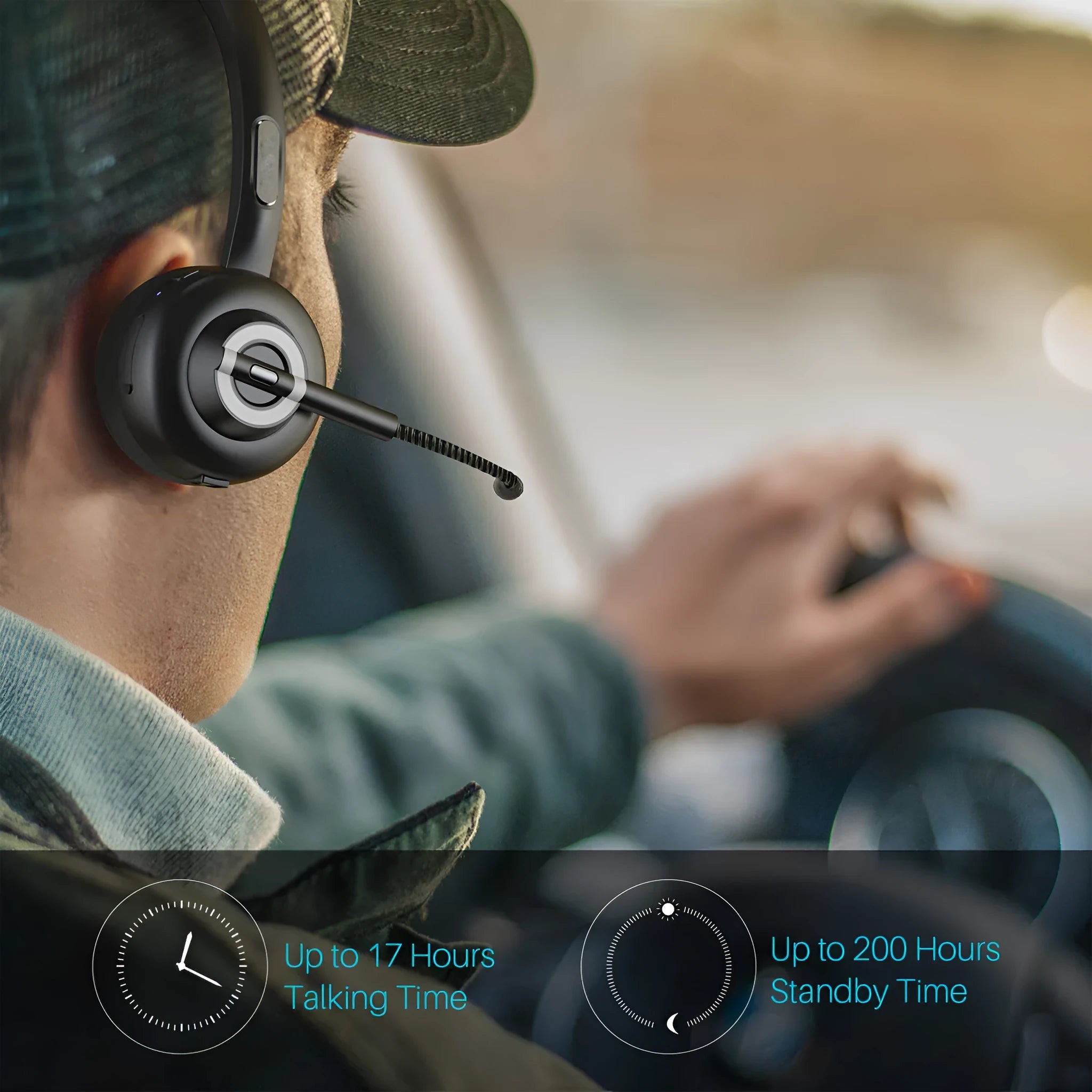 M97 Bluetooth headset in plastic with noise reduction chip, charging base, and data cable