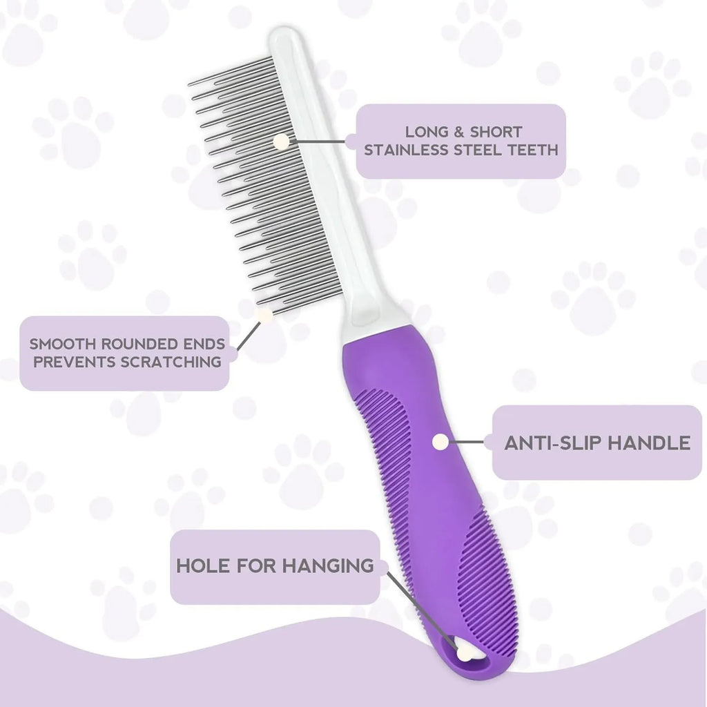 Purple pet detangling comb with stainless steel long and short teeth for dogs and cats