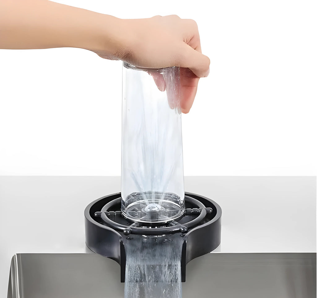 Black stainless steel high-pressure automatic glass washer with ABS base and copper hose.