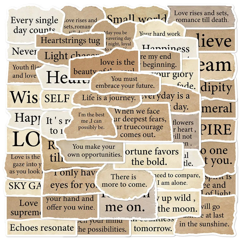 Set of 25 tear English text design vinyl stickers for laptops on a white background.
