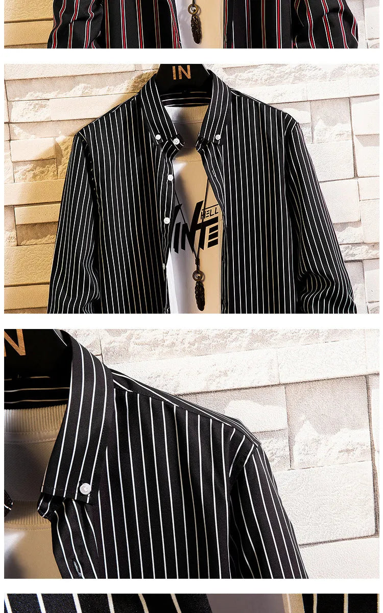 Men's casual striped polyester cardigan in slim fit with long sleeves and pointed collar, available in multiple colours and sizes M to 5XL