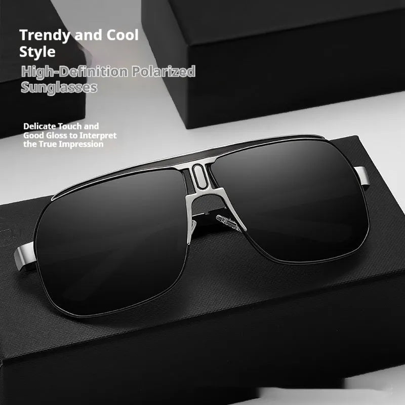 Large frame unisex sunglasses with alloy glasses frame, shown in black silver, black, golden red, and gun silver colour options