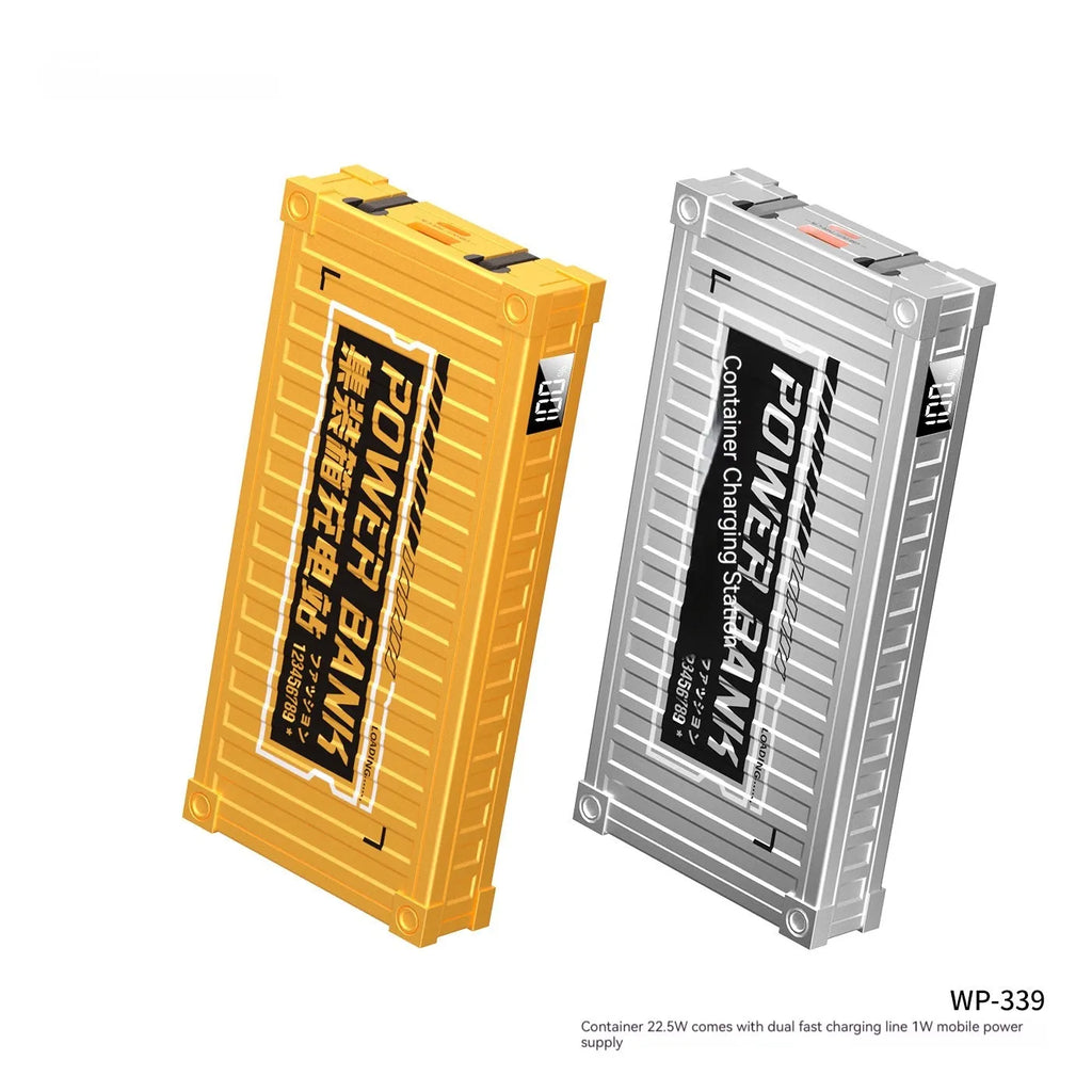 Cable container power bank in silver or yellow, 10000mAh and 20000mAh options, ABS+PC shell