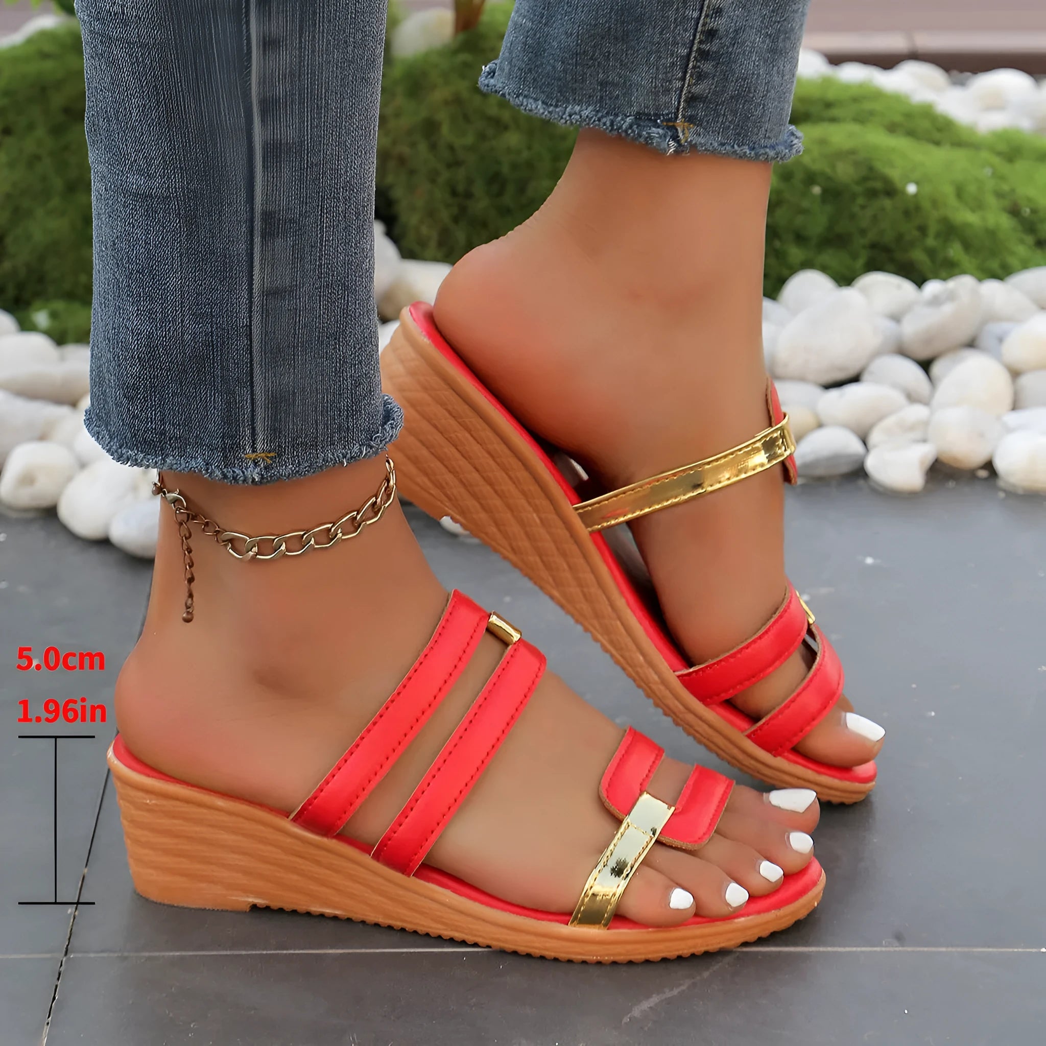 Women's wedge plus size slippers in PU upper with raw rubber sole, round toe, in beige colour, side view