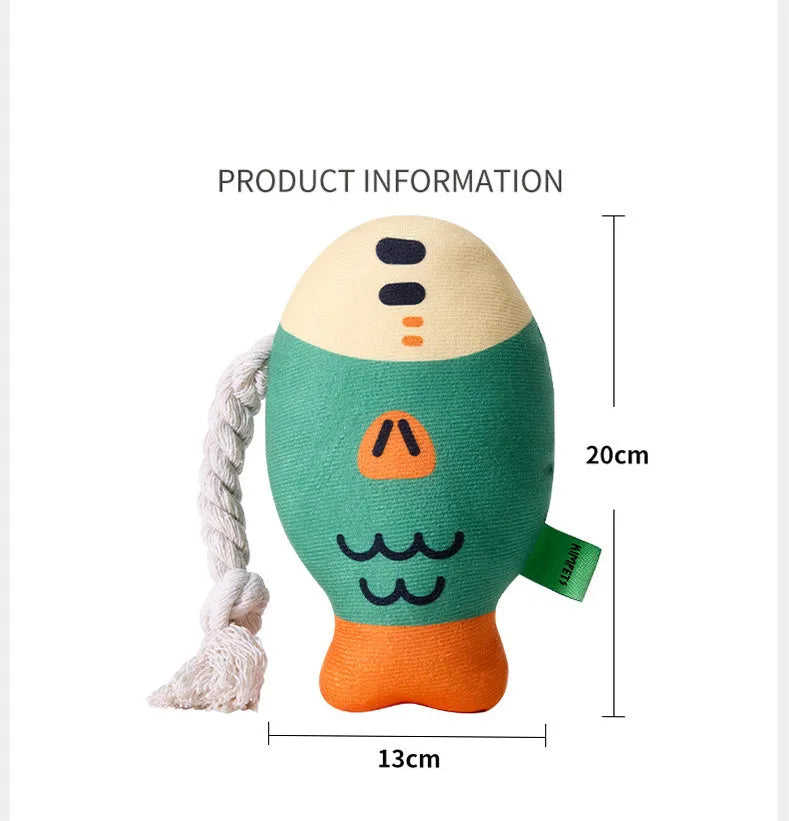 Plush Puffhead fish dog toy with squeaker, wear-resistant fabric, in green, purple, or yellow