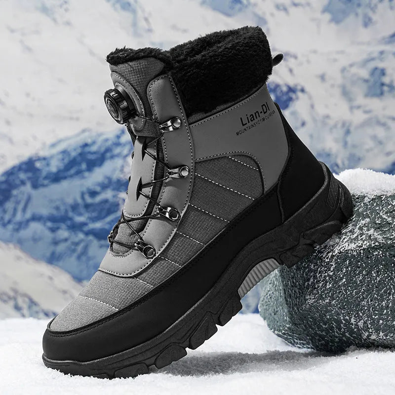 Men's fleece-lined thickened snow boots in black, round toe, artificial PU upper, side view