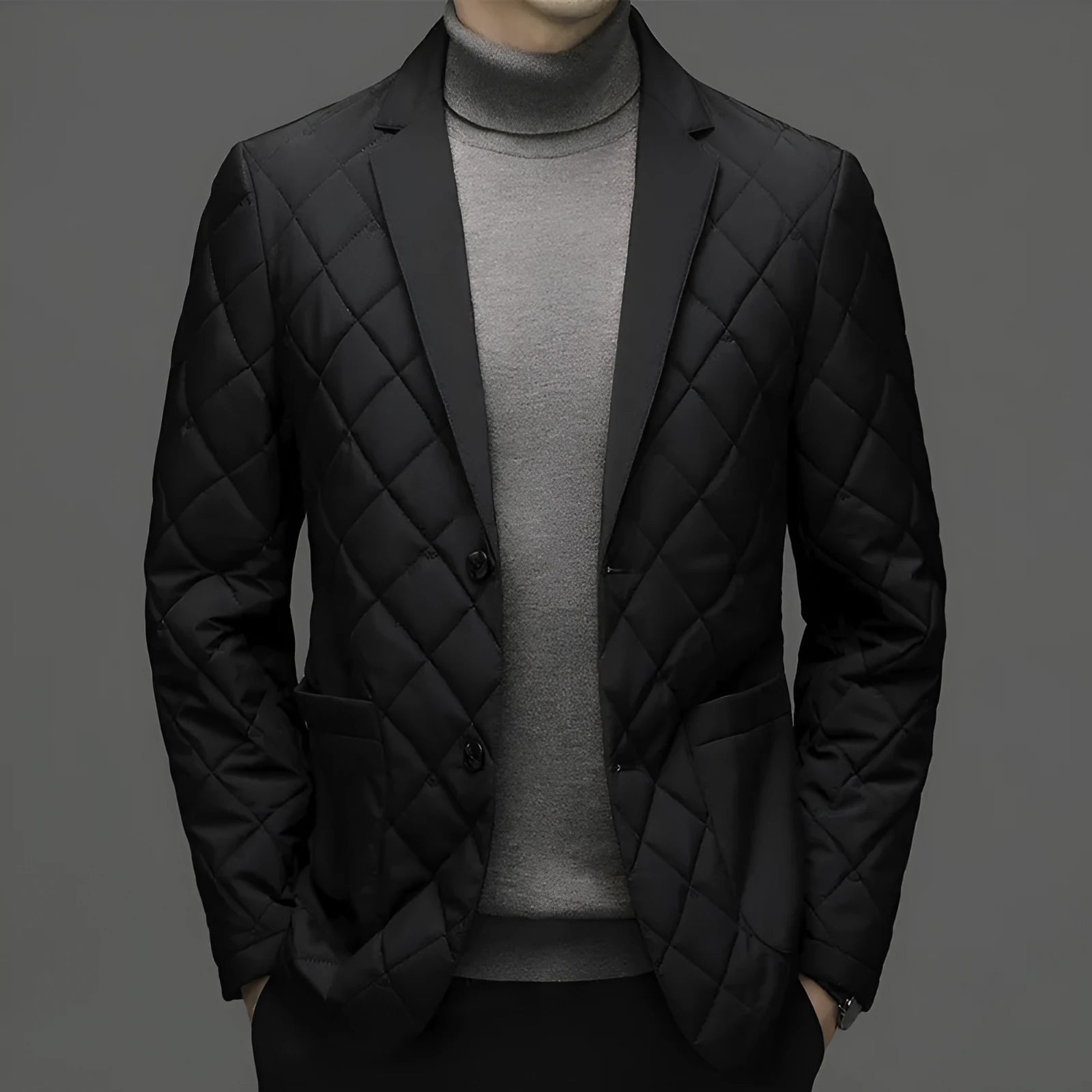 Men's black lapel down jacket with side pockets shown on model, winter cardigan coat