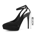 Black waterproof platform stiletto heels with pointed toe, satin or suede finish, rubber sole, 8-12cm heel