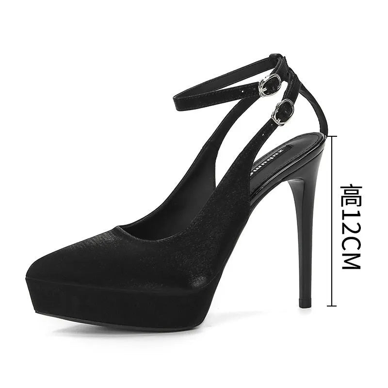 Black waterproof platform stiletto heels with pointed toe, satin or suede finish, rubber sole, 8-12cm heel