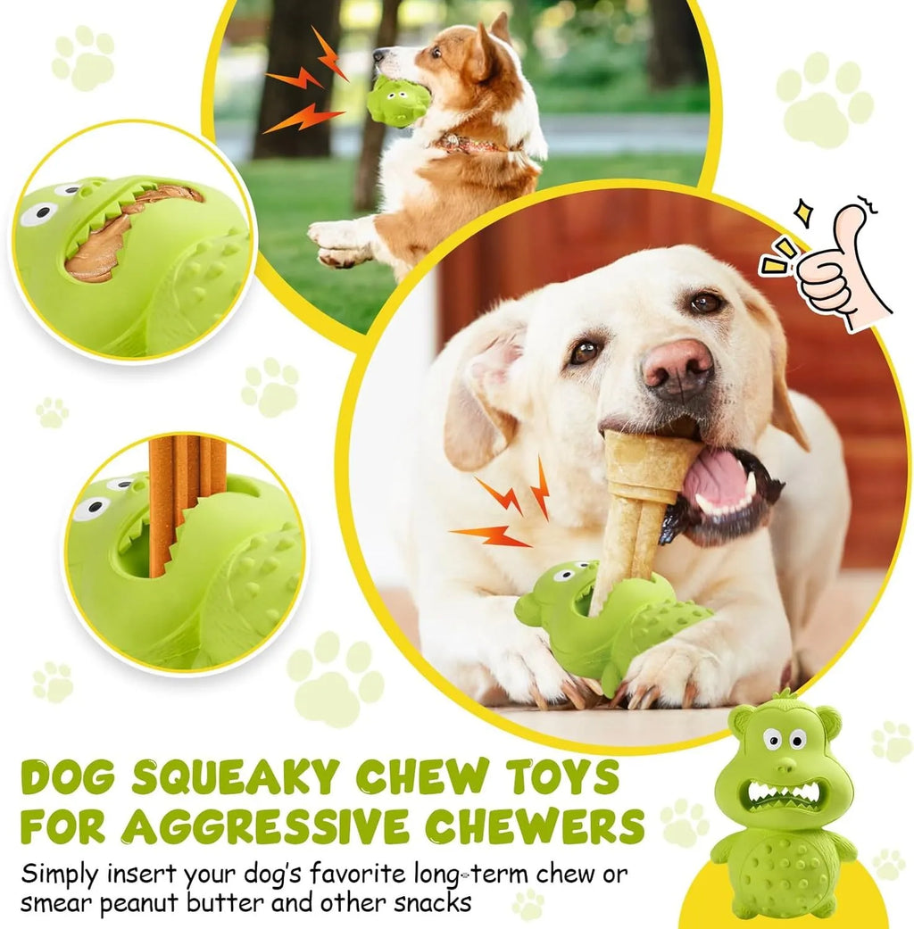 Green and yellow natural rubber squeaky dog toy for aggressive chewing large breed dogs.