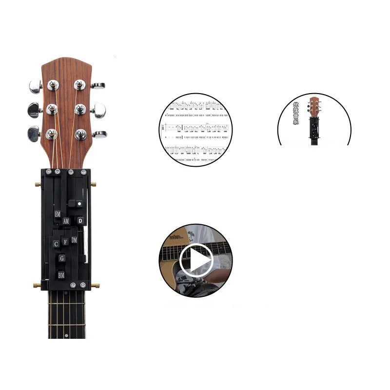 Black automatic chord practice device for folk guitar mounted on guitar neck