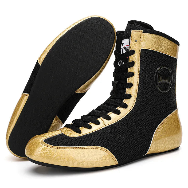 High-top combat training wrestling shoes with soft rubber soles in black gold colour