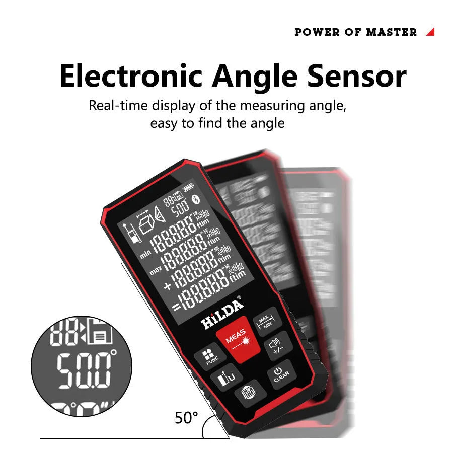 Handheld plastic laser rangefinder for distance measurement up to 100 or 120 metres.