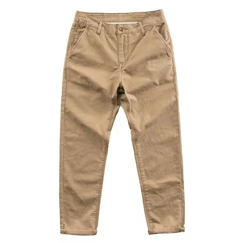 Men's slim fit straight leg trousers in navy blue cotton-polyester blend fabric