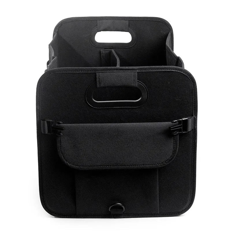 Foldable multi-compartment fabric car trunk storage box in black with a handle.