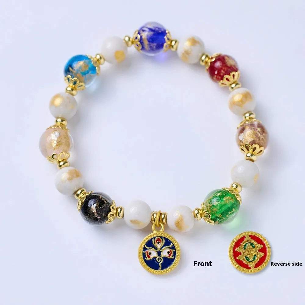 Handmade glazed bracelet with Five Gods of Wealth charm and 10mm geometric beads.