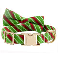 Striped polyester dog collar with engraving space and removable bow in green or red