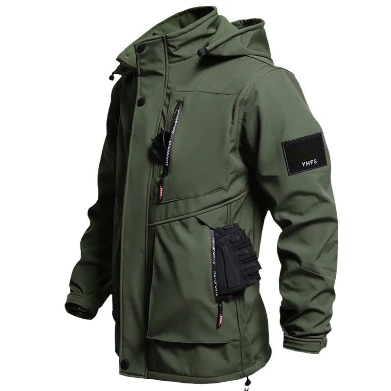 Unisex fleece-lined waterproof jacket and trouser suit in black, army green, and gray, sizes 165 to 190, for autumn winter outdoor use