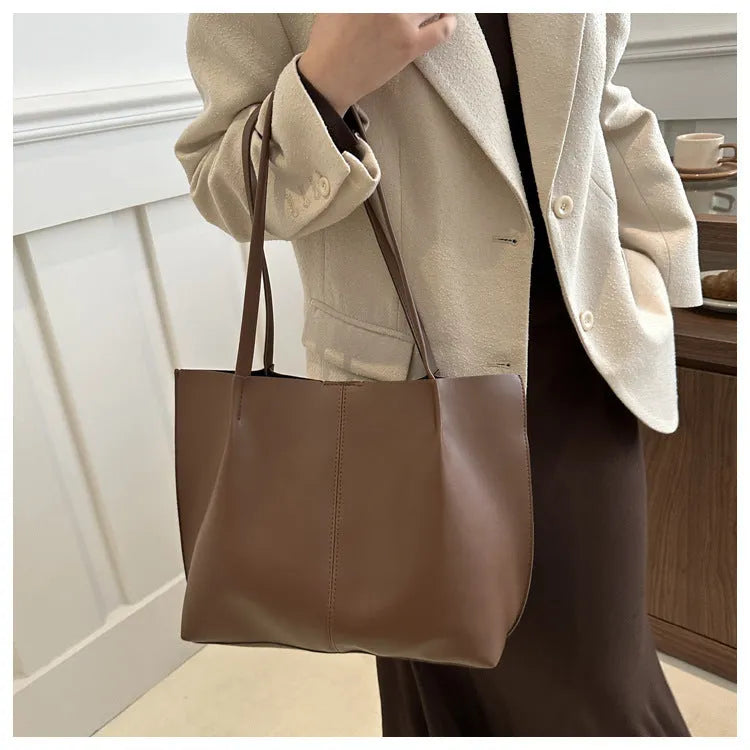 PU casual messenger bag in black, brown, white, or coffee with open pocket, bucket shape, and double shoulder straps