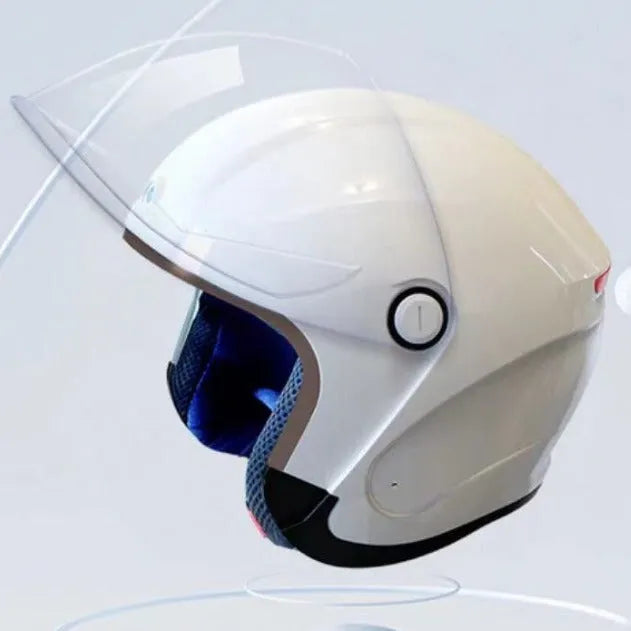 Black and white smart motorcycle half helmet with AI voice and Bluetooth features.
