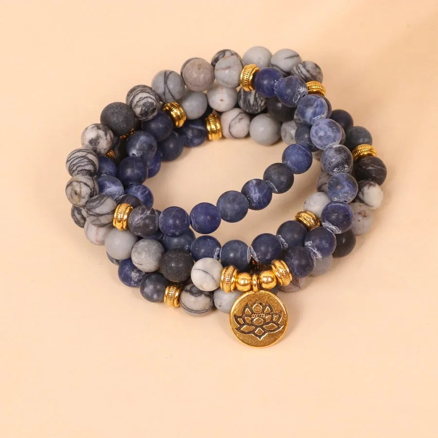 Blue patterned network stone bead multi-layer bracelet with alloy links