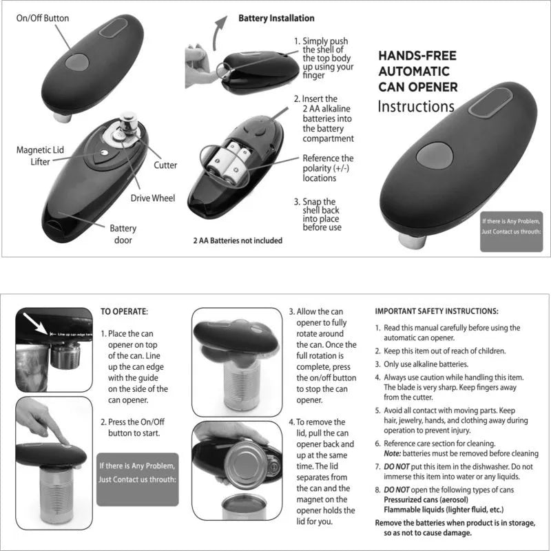 Black electric can opener gadget for opening cans, jars, and bottles