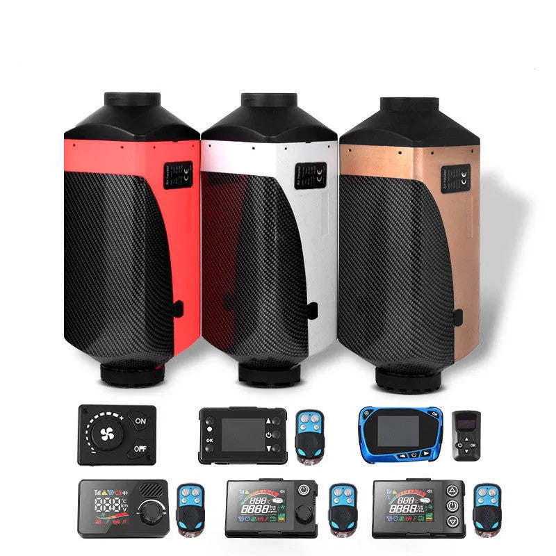 Diesel air heater kit with fuel tank and components for truck or RV installation.