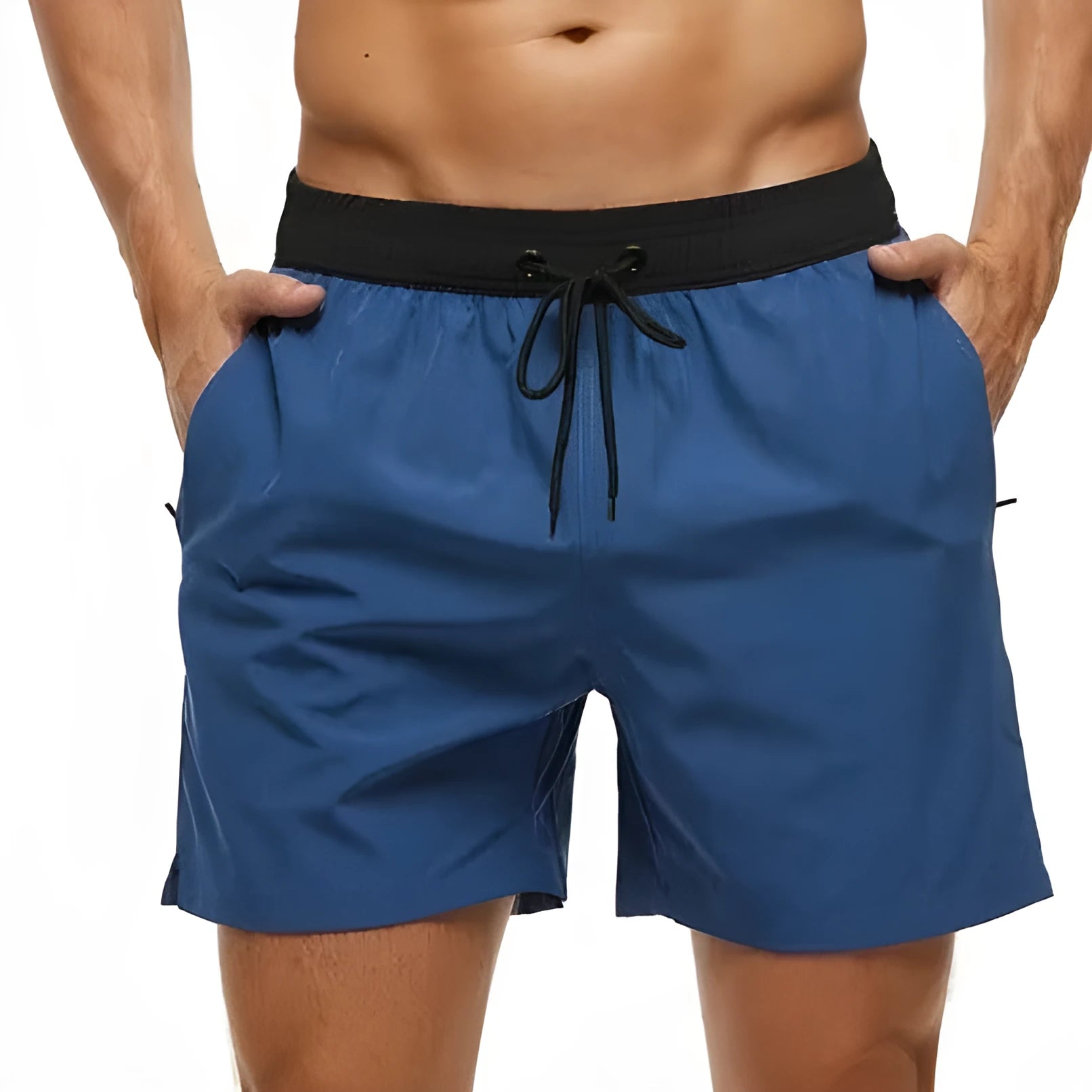 Men's blue training shorts with stitching waist detail, drawstring, and a zipped pocket on the leg.